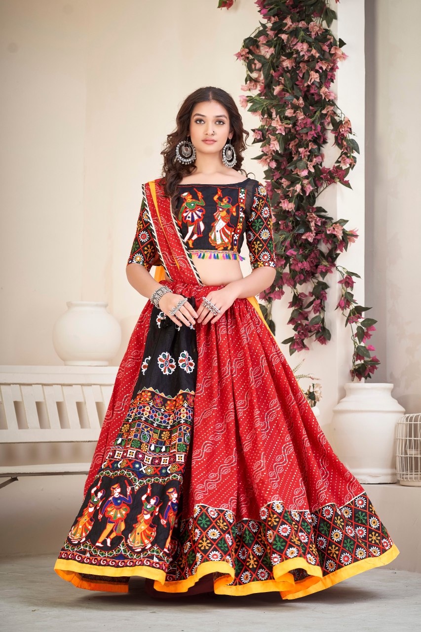 Navratri Special Red Bandhani Chaniya Choli with Mirror Work