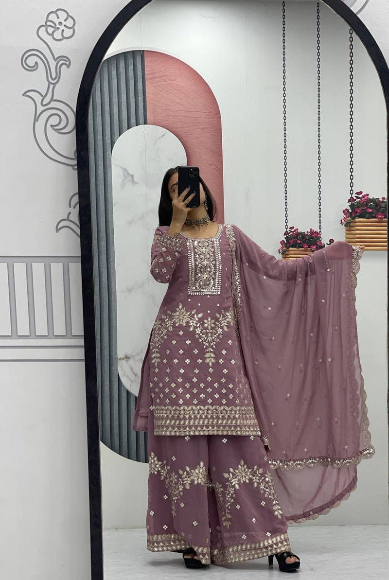 Designer Party Wear Embroidered Palazzo Suit Set with Dupatta - Fully Stitched