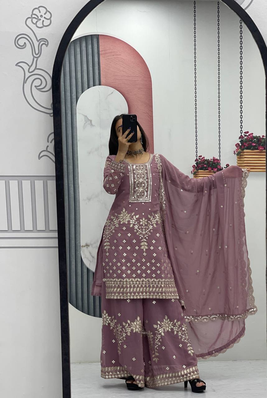 Designer Party Wear Embroidered Palazzo Suit Set with Dupatta - Fully Stitched