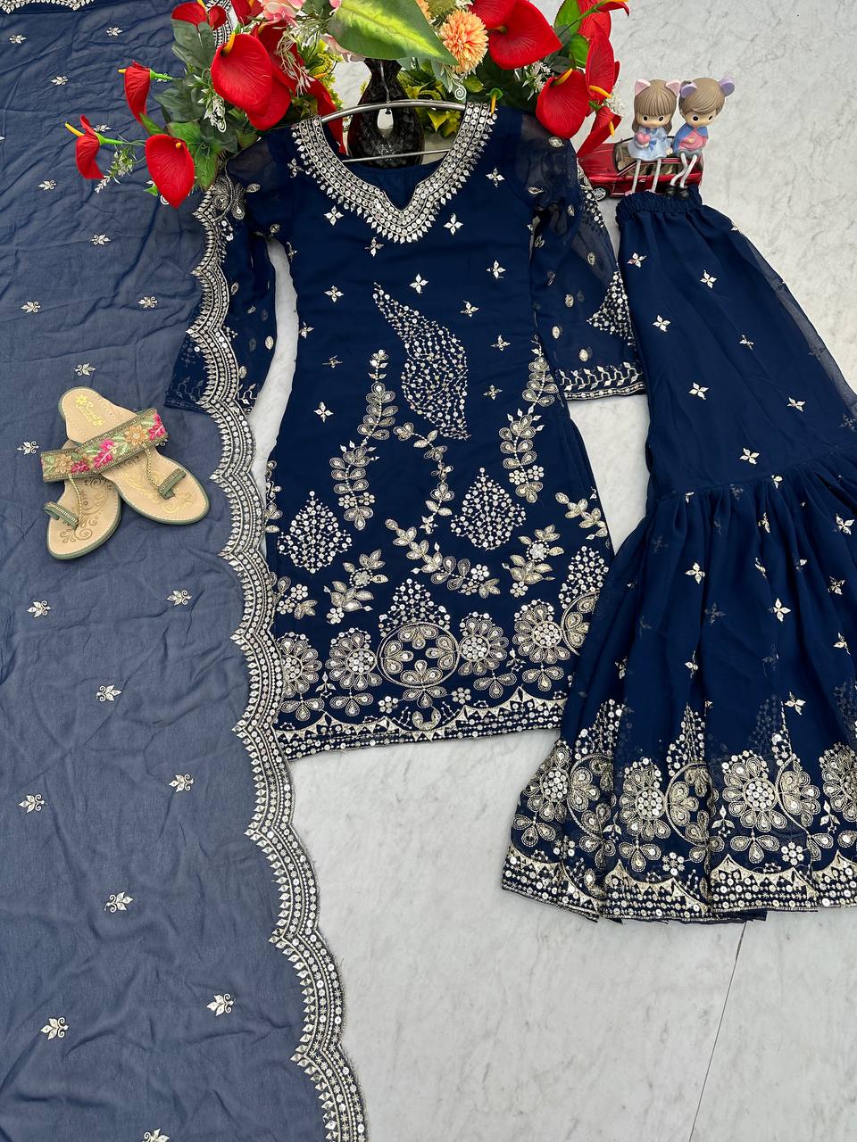 Designer Party Wear Embroidered Sharara Suit Set with Dupatta - Fully Stitched