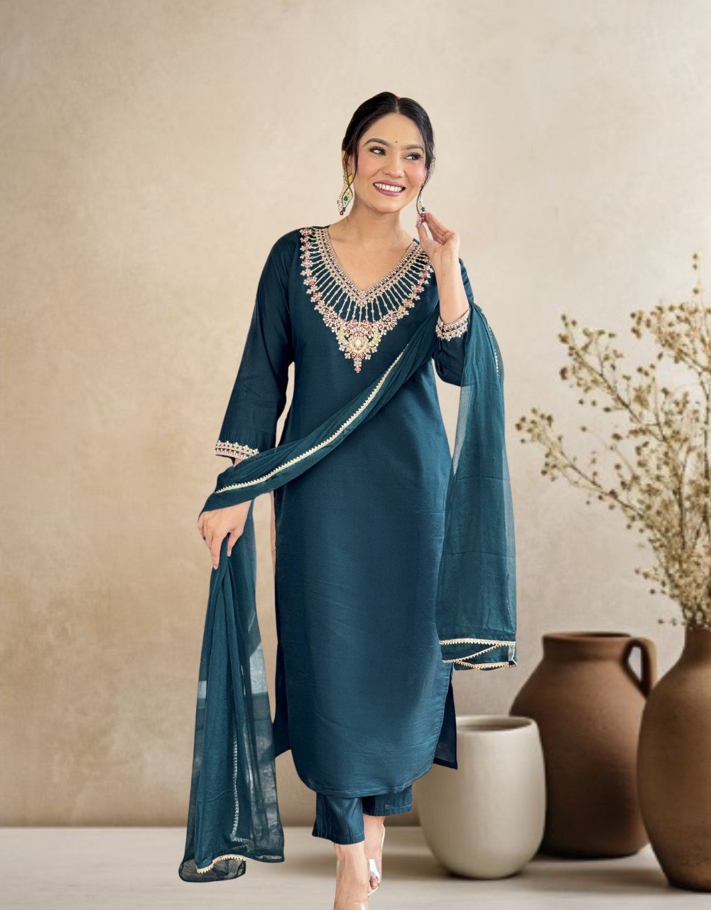 Stylish Chanderi Embroidered Kurta Pant Set with Chinon Dupatta for Party Wear - Fully Stitched