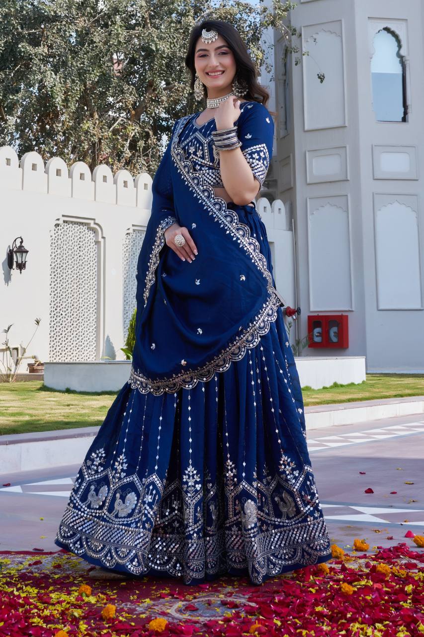 Festival Collection Vichitra Lehenga Choli with Heavy Embroidery Sequence Work - Fully Stitched