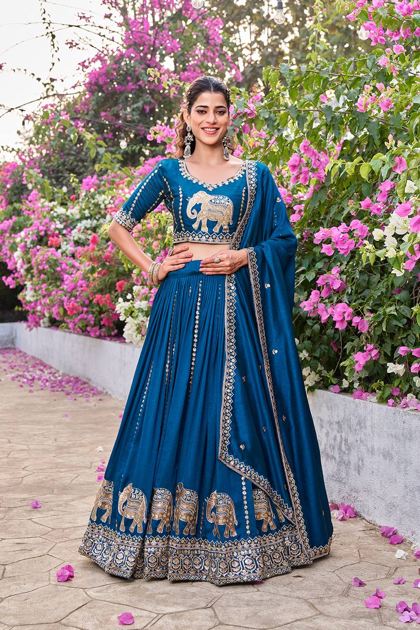 Wedding Collection Pure Vichitra Lehenga Choli with Heavy Embroidery Sequence Work - Fully Stitched