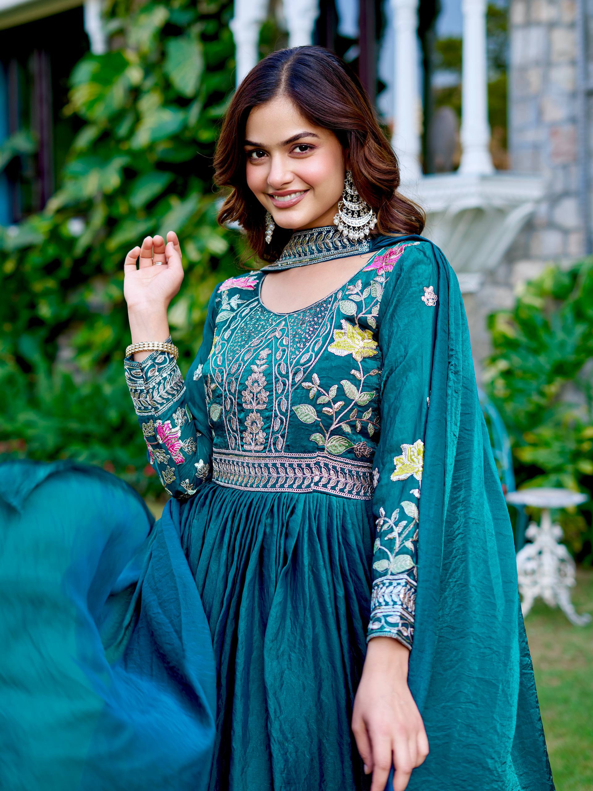 Festival Collection Fendy Silk Long Gown with Heavy Cording Sequence and Thread Embroidery Work - Fully Stitched