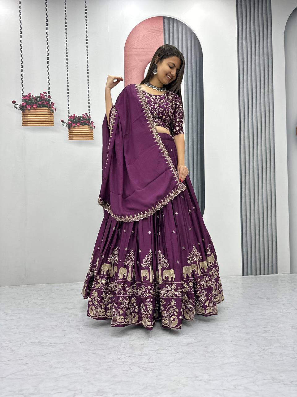 Launching New Festival Chinon Lehenga Choli with Embroidered Dupatta - Fully Stitched