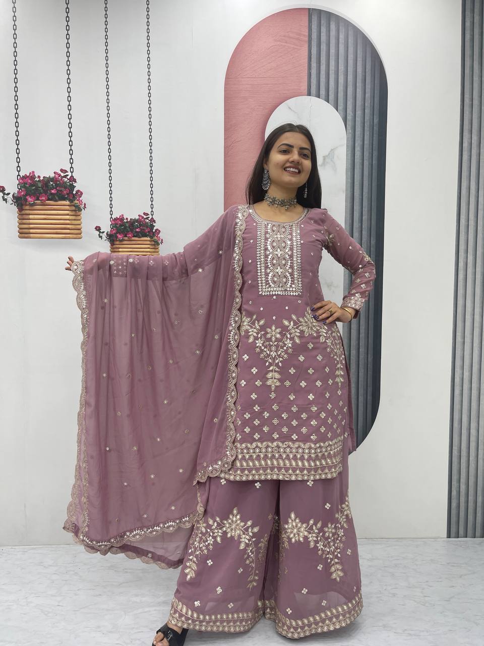 Designer Party Wear Embroidered Palazzo Suit Set with Dupatta - Fully Stitched