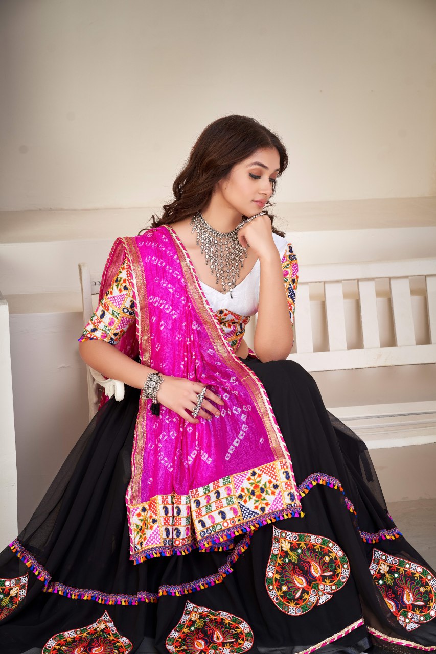 Navratri Special Black Georgette Chaniya Choli with Traditional Kutchi Mirror Work