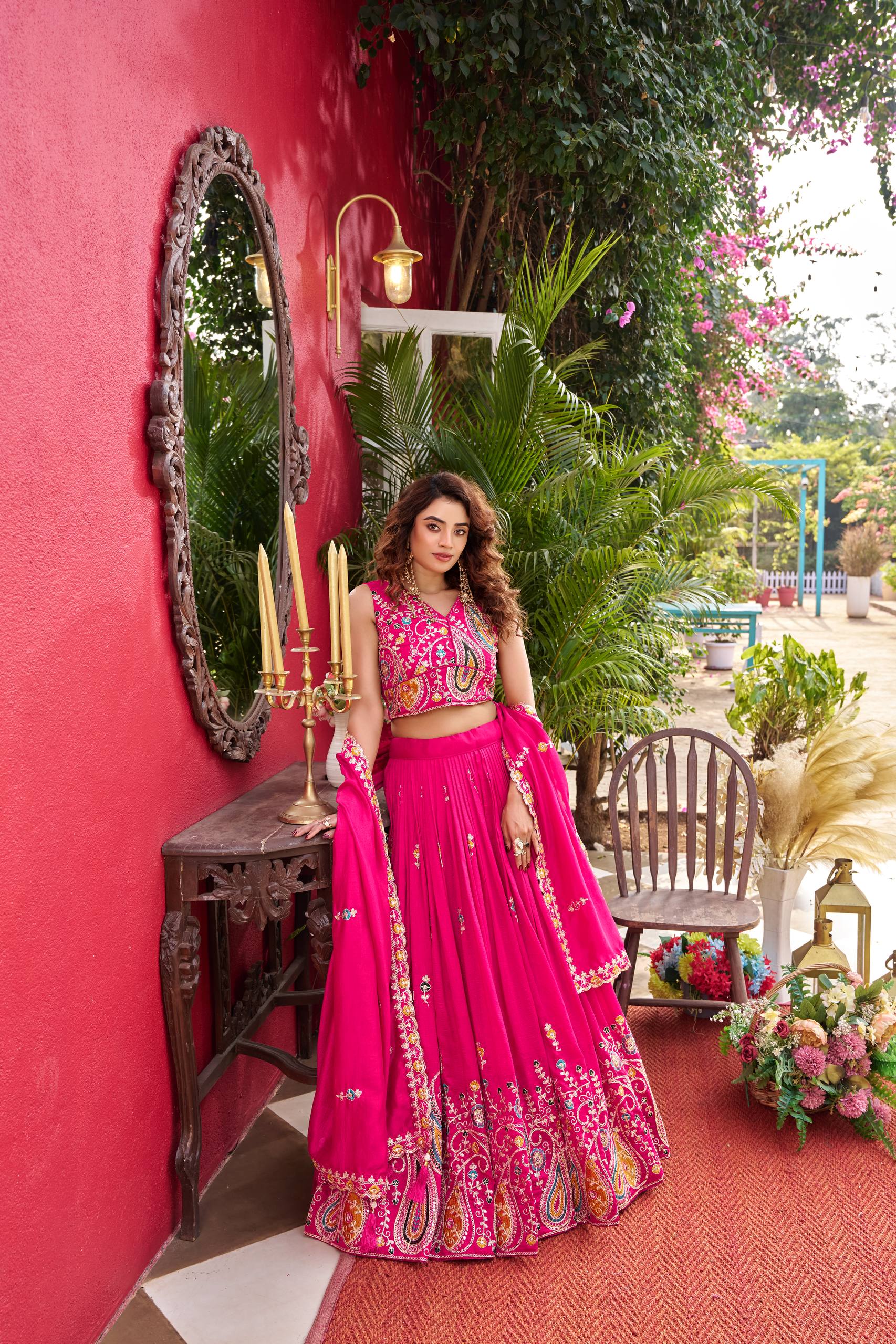 Wedding Collection Vichitra Lehenga Choli with Heavy Cording Embroidery Work - Fully Stitched