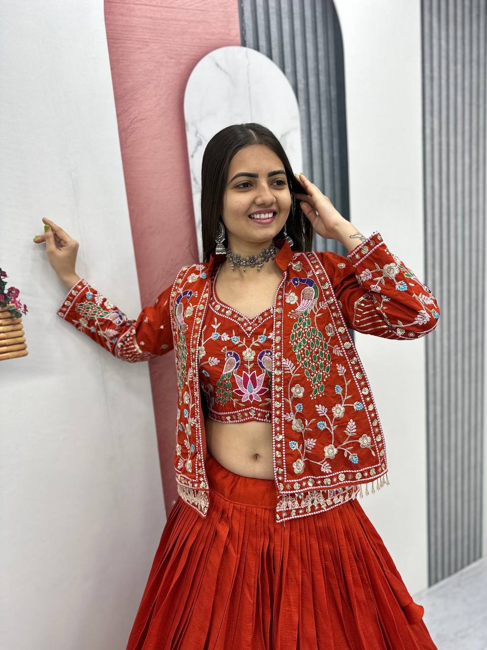 Launching Festival Special Vichitra Silk Crop Top Lehenga with Embroidered Jacket - Fully Stitched