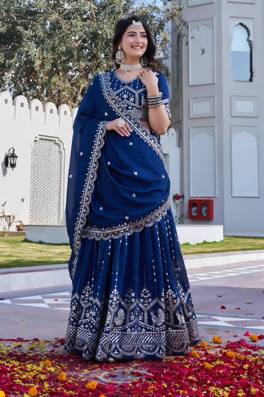 Festival Collection Vichitra Lehenga Choli with Heavy Embroidery Sequence Work - Fully Stitched