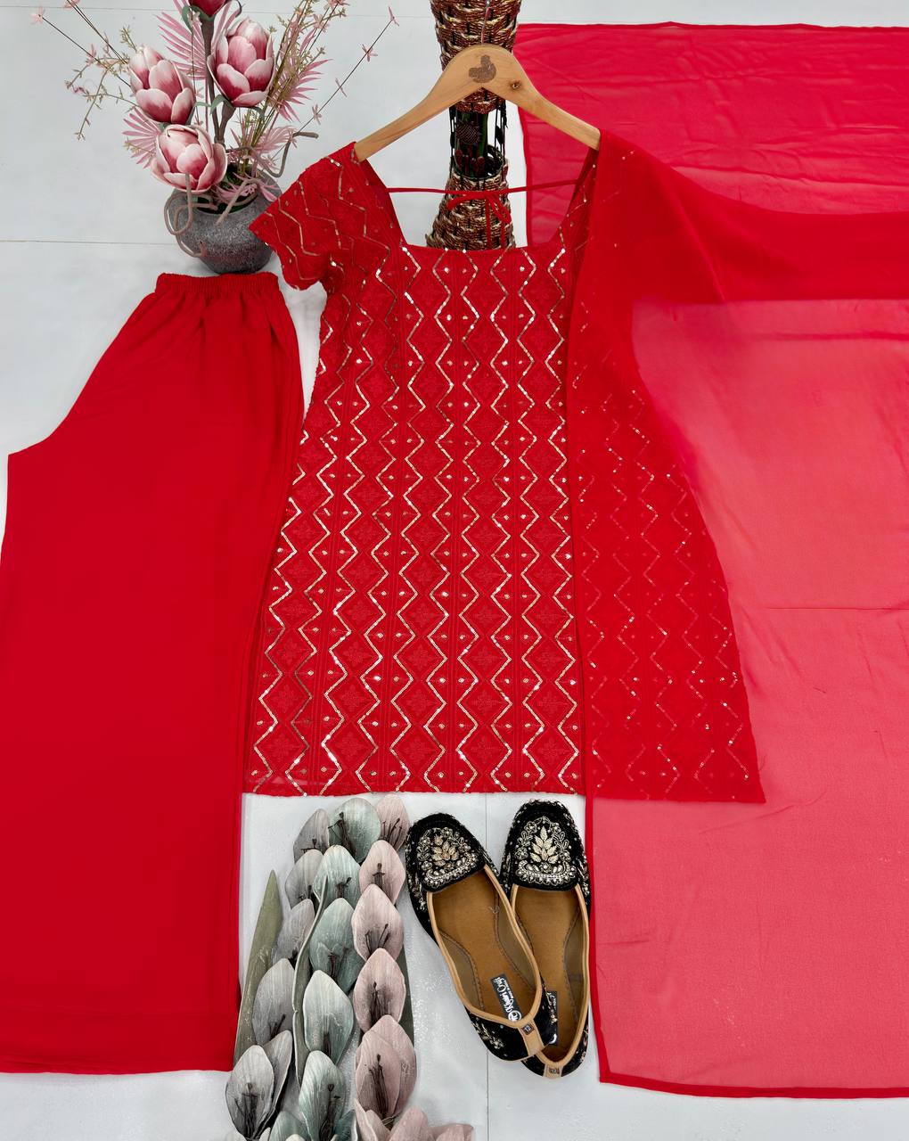 NEW DESIGNER HEAVY FUAX GEORGETTE SHARARA SUIT SET