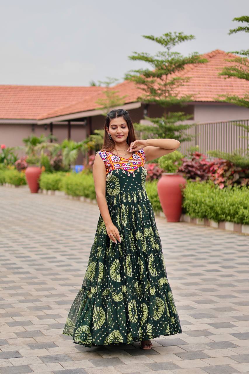 Navratri Special Faux Georgette Gamathi Work Gown with Real Mirror and Original Kodi Lace - Fully Stitched