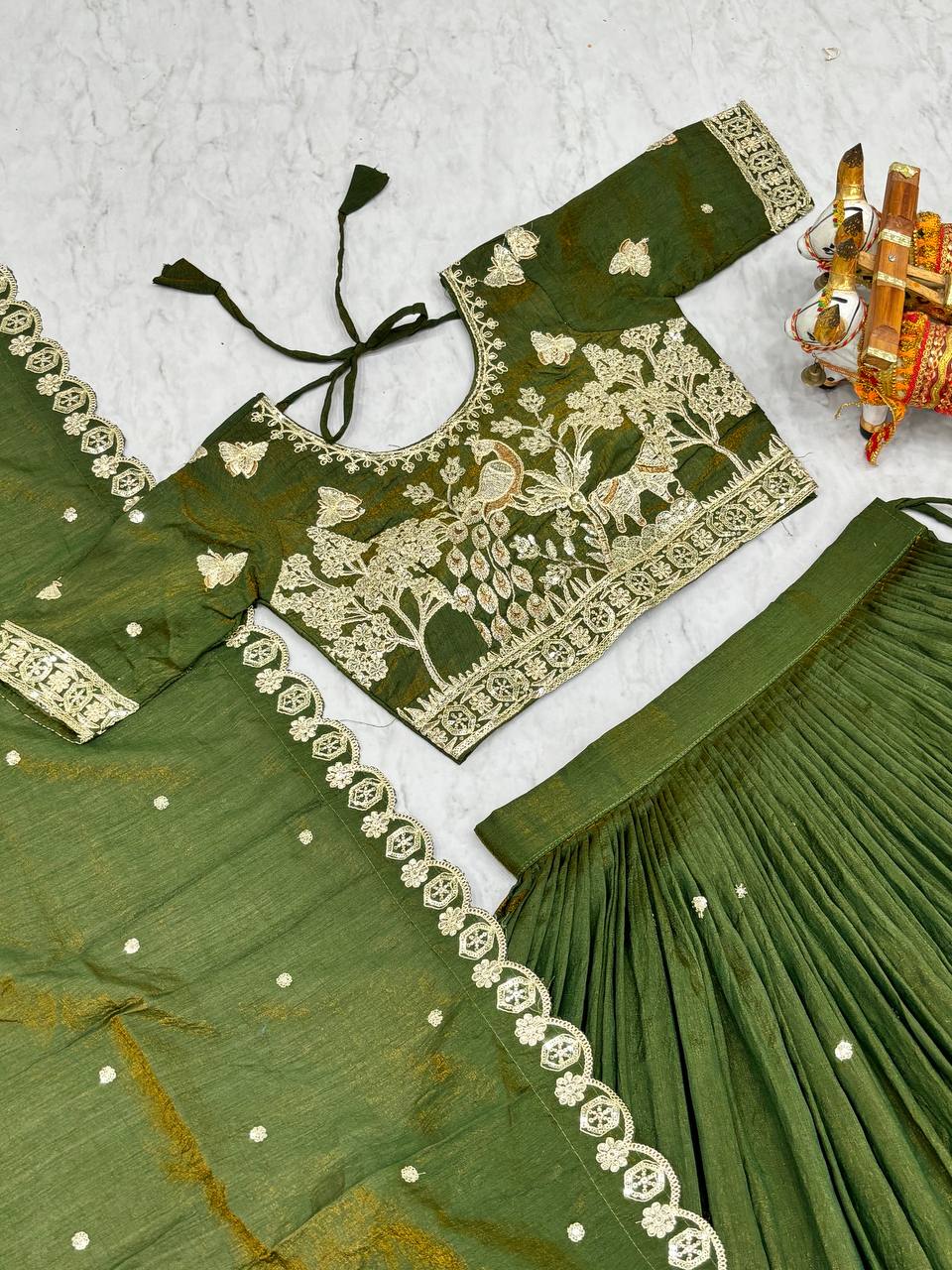 Wedding Collection Pure NC Vichitra Lehenga Choli with Heavy Cording Embroidery Work - Fully Stitched