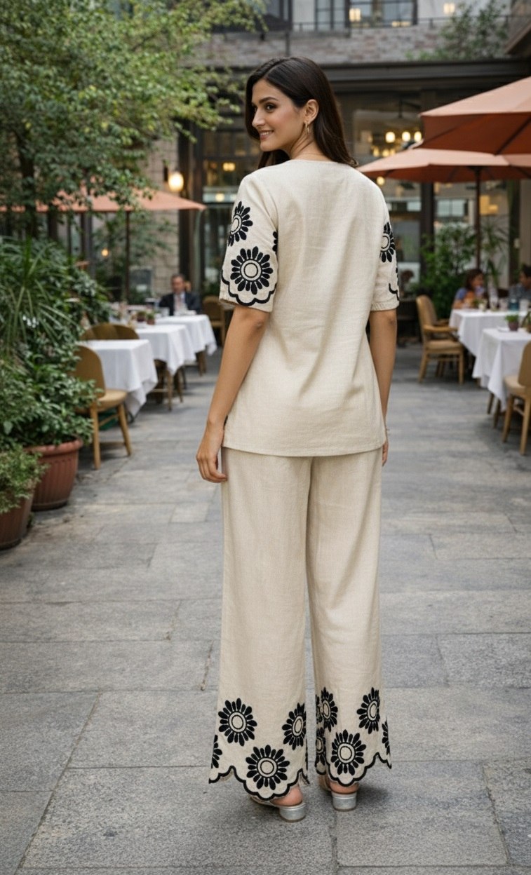 Women's Cotton Embroidered Chain Stitch Co-Ord Set with V-Neck Top and Pant - Fully Stitched