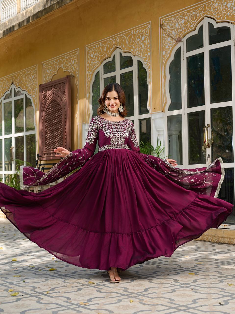 New Festival Collection Vichitra Silk Long Gown with Heavy 7MM Sequence Embroidery Dupatta - Fully Stitched
