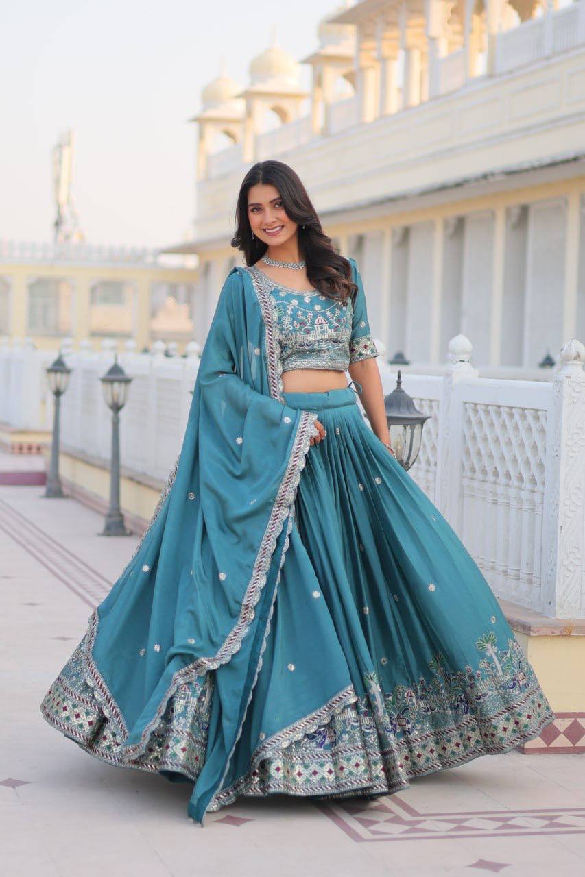 Festival Collection Chinon Lehenga Choli with Heavy Embroidery Sequence Work - Fully Stitched