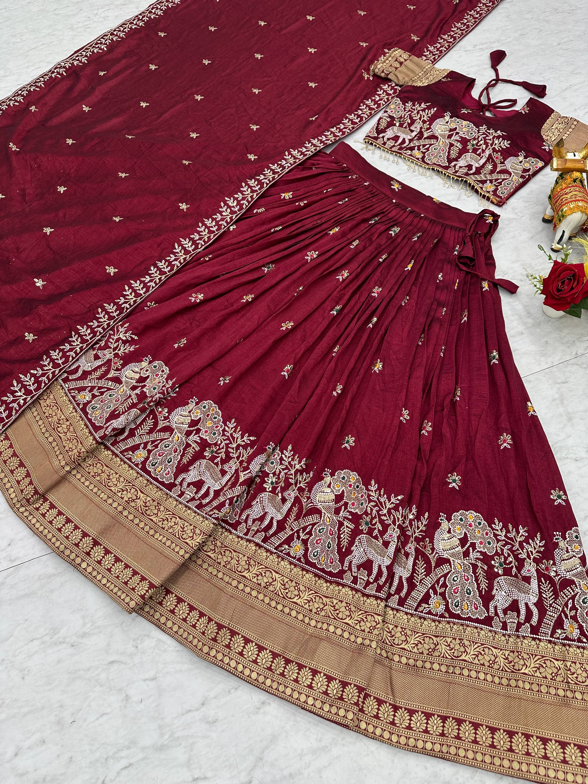 South Collection Satin Silk Lehenga Choli with Heavy Embroidery Sequence Work - Fully Stitched
