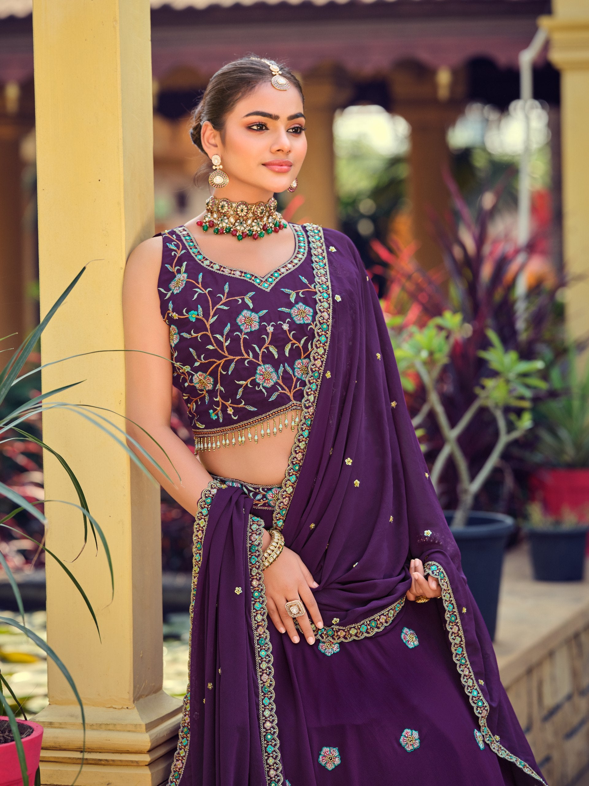 Royal Purple Georgette Lehenga Choli with Embroidered Beads Work and Designer Dupatta