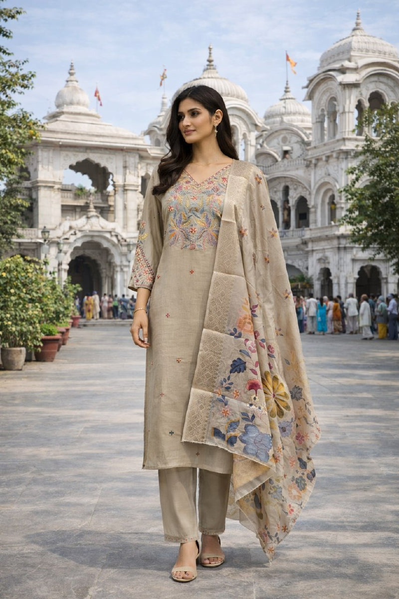 Designer Cotton Silk Embroidered Kurti Pant Set with Digital Print Dupatta - Fully Stitched