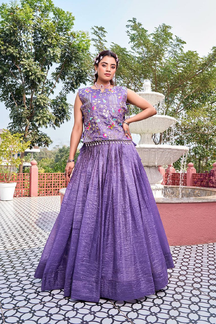 Wedding Collection Pure Gold Crush Lehenga Choli with Embroidered Shrug - Fully Stitched