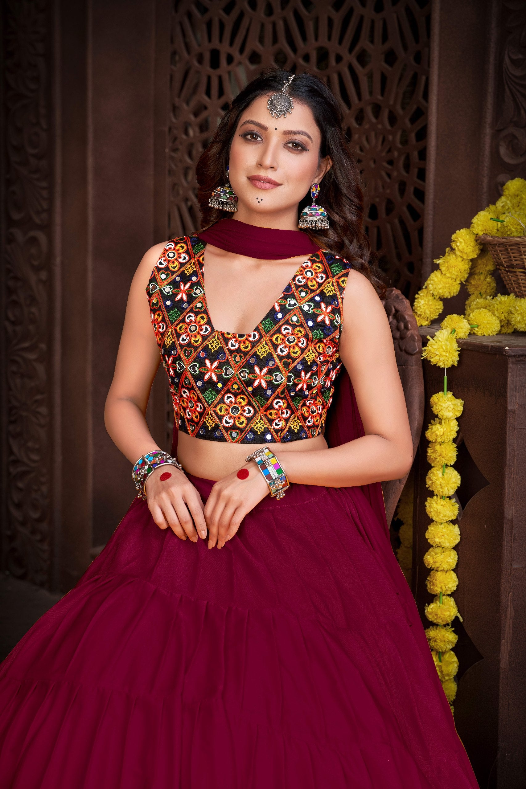 Navratri Special French Crepe Chaniya Choli with Kutchi Mirror Work Blouse
