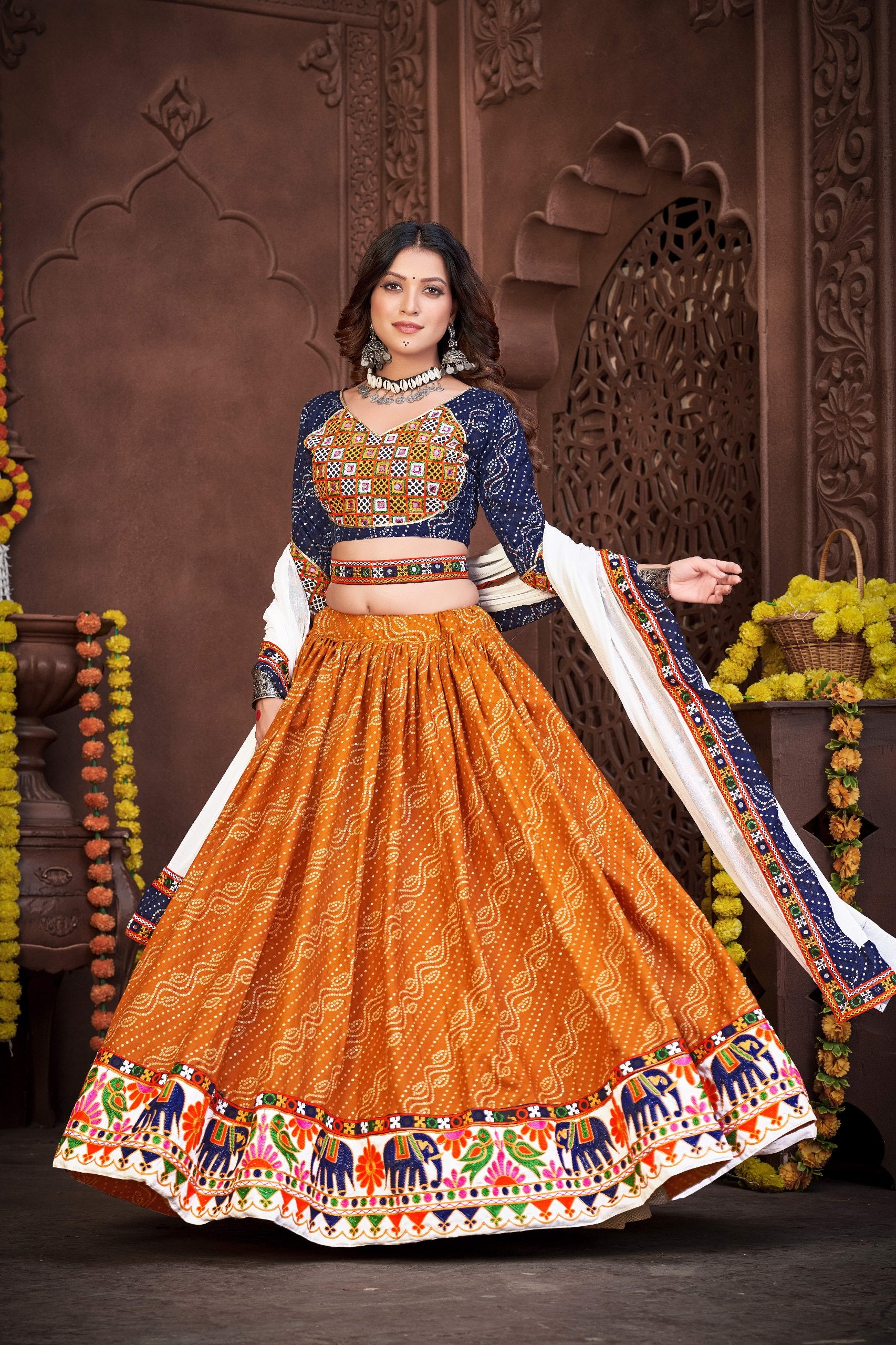 Navratri Special Blue & Mustard Bandhani Chaniya Choli with Embroidered Dupatta