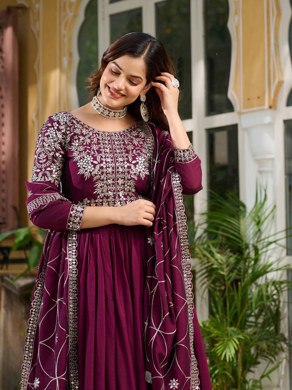 New Festival Collection Vichitra Silk Long Gown with Heavy 7MM Sequence Embroidery Dupatta - Fully Stitched