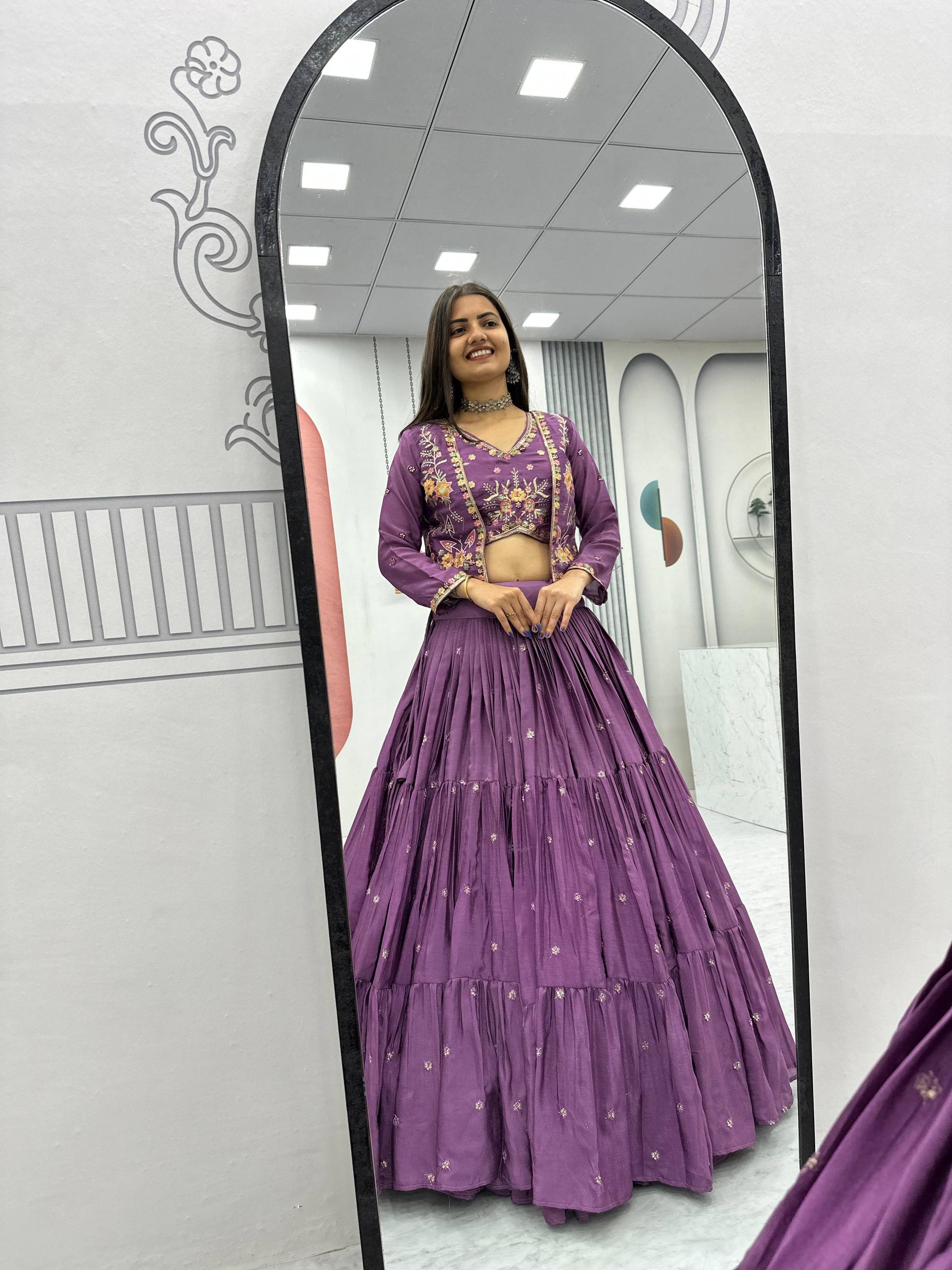 Festival Special Chinon Crop Top Lehenga with Embroidered Jacket - Fully Stitched