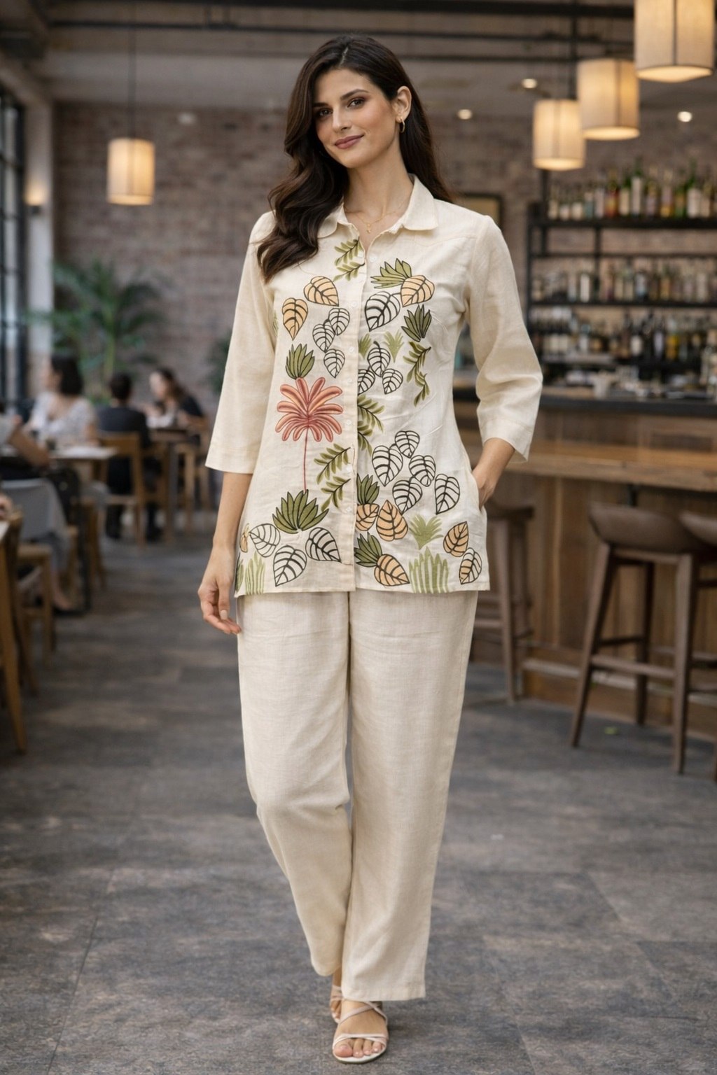 Women's Cotton Embroidered Co-Ord Set with Shirt Collar Top and Pant - Fully Stitched