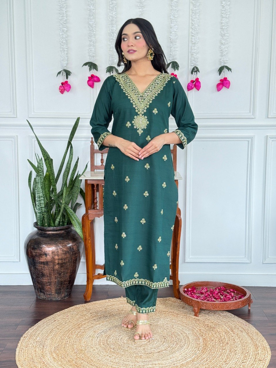 Stylish PV Chanderi Embroidered Kurta Pant Set with Silk Dupatta for Party Wear - Fully Stitched
