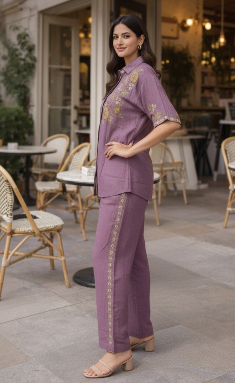 Women's Cotton Embroidered Co-Ord Set with Shirt Collar Top and Pant - Fully Stitched