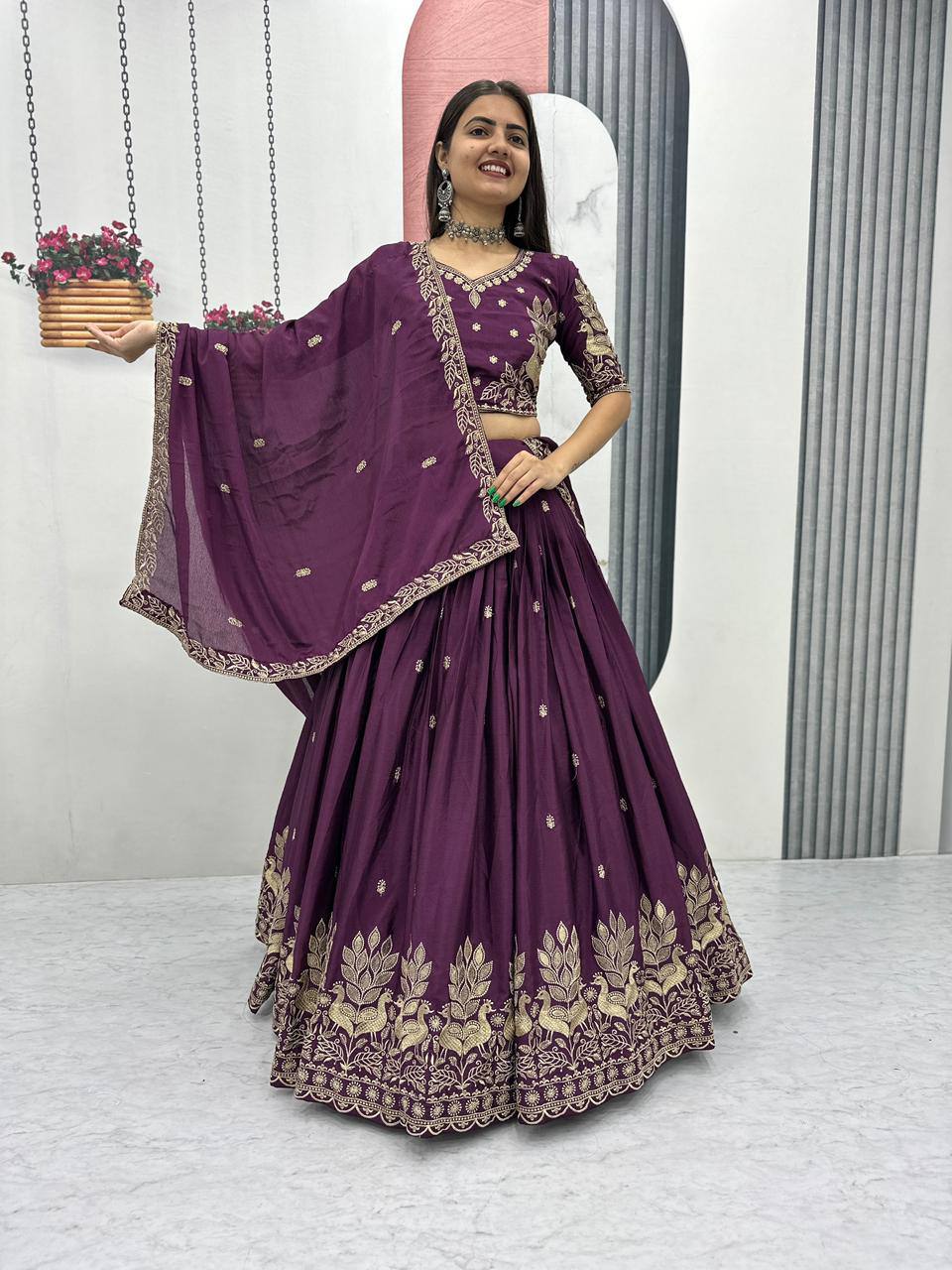 New Festival Chinon Lehenga Choli with Elegant Embroidered Dupatta - Fully Stitched