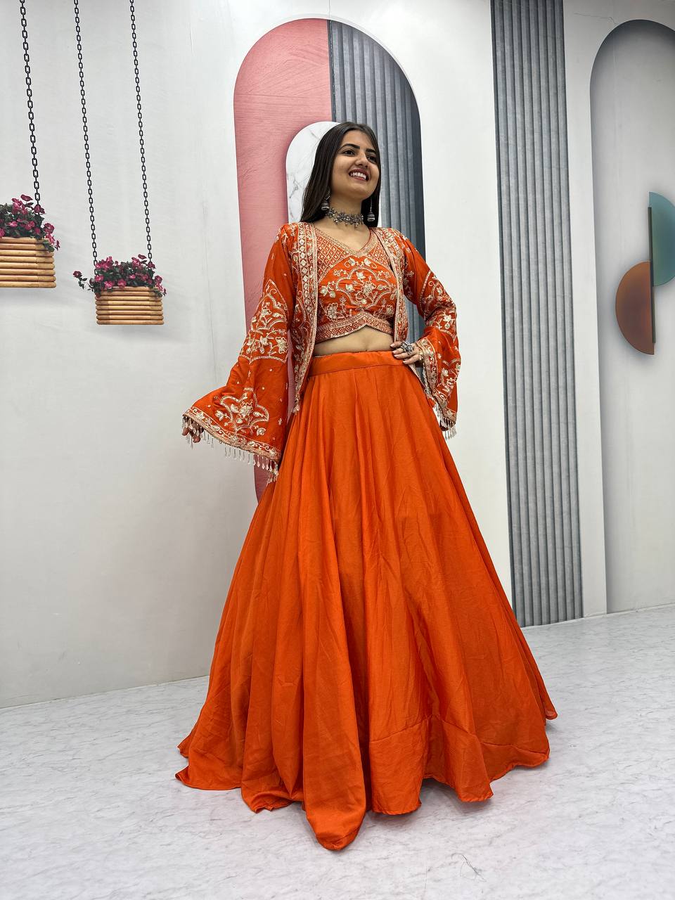 Trendy Indo Western Lehenga Outfit with Sequence Work Shrug - Fully Stitched