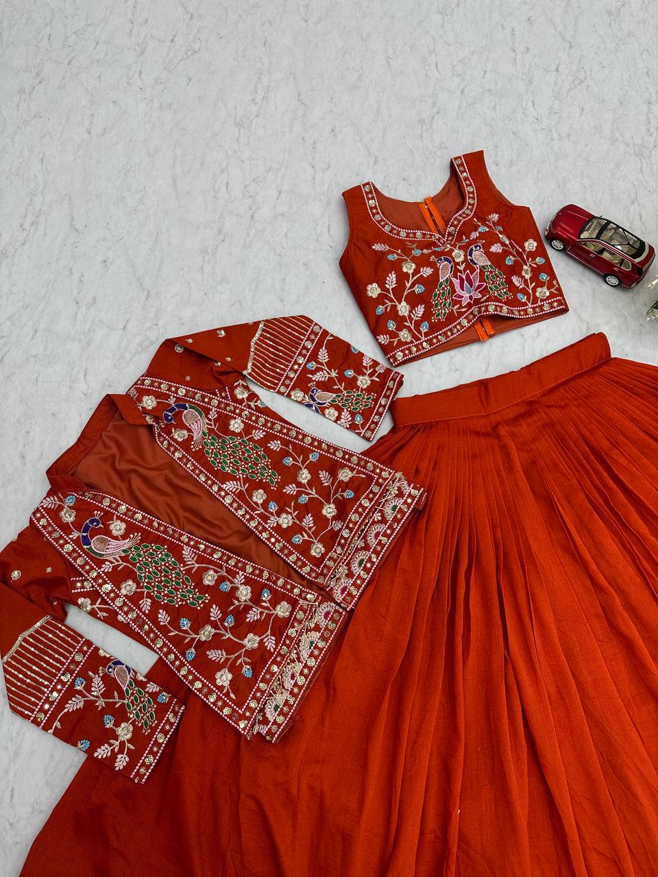 Launching Festival Special Vichitra Silk Crop Top Lehenga with Embroidered Jacket - Fully Stitched