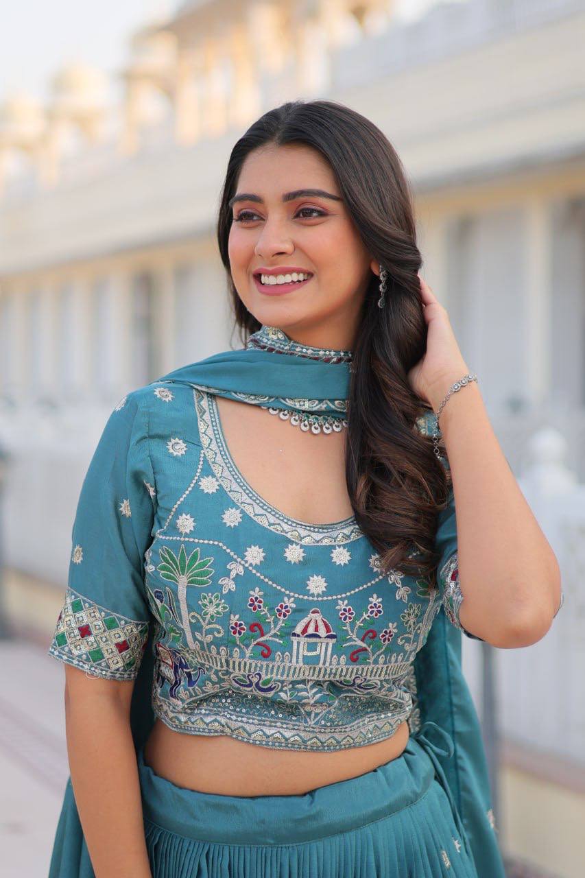 Festival Collection Chinon Lehenga Choli with Heavy Embroidery Sequence Work - Fully Stitched