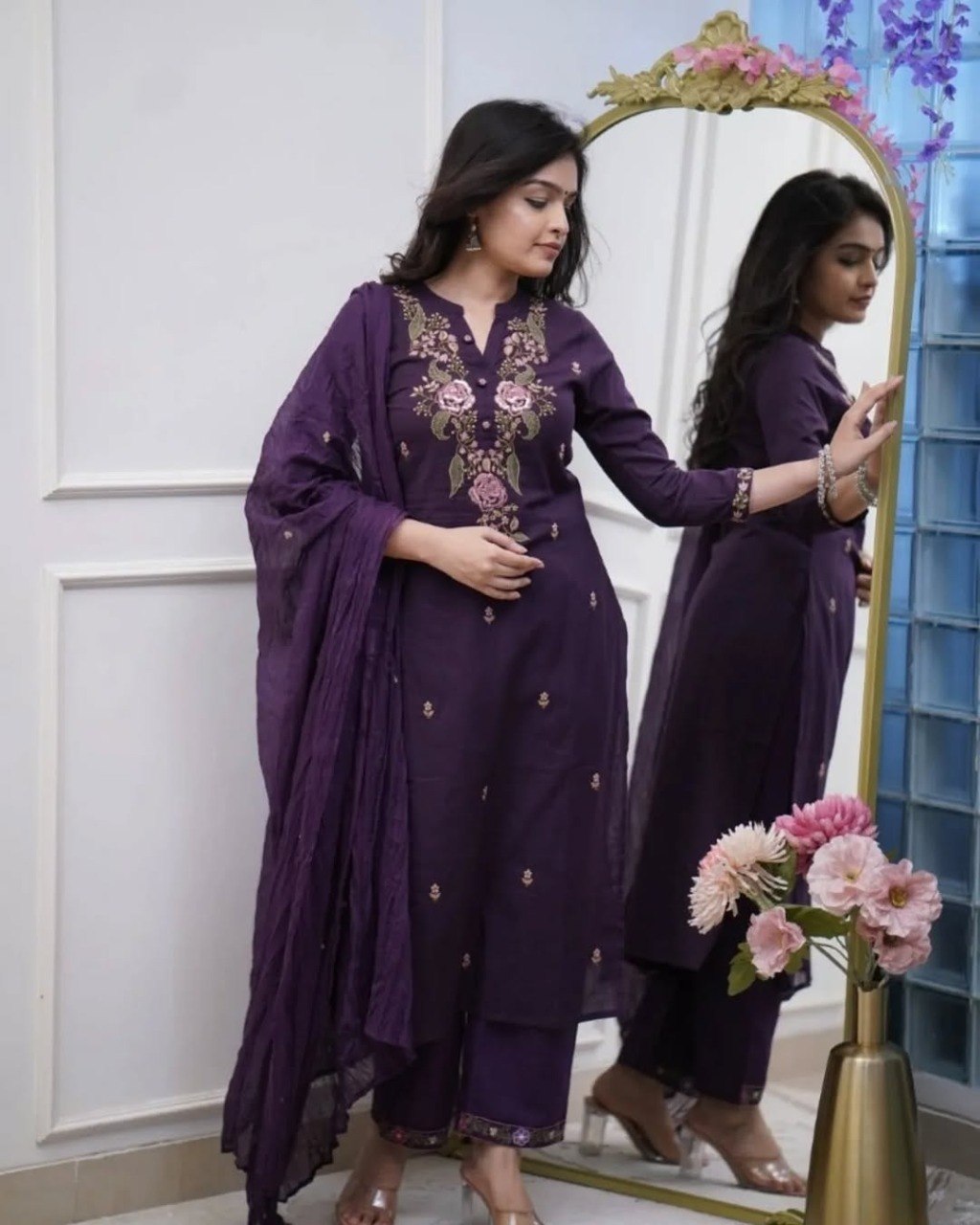 Stylish Viscose Rayon Embroidered Kurta Pant Set with Nazmin Dupatta for Party Wear - Fully Stitched