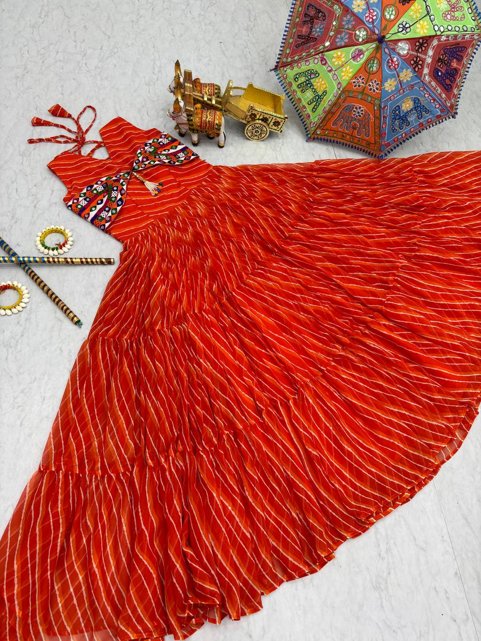 Navratri Special Bandhani Print Georgette Gown with Gamathi Work and Real Mirror - Fully Stitched