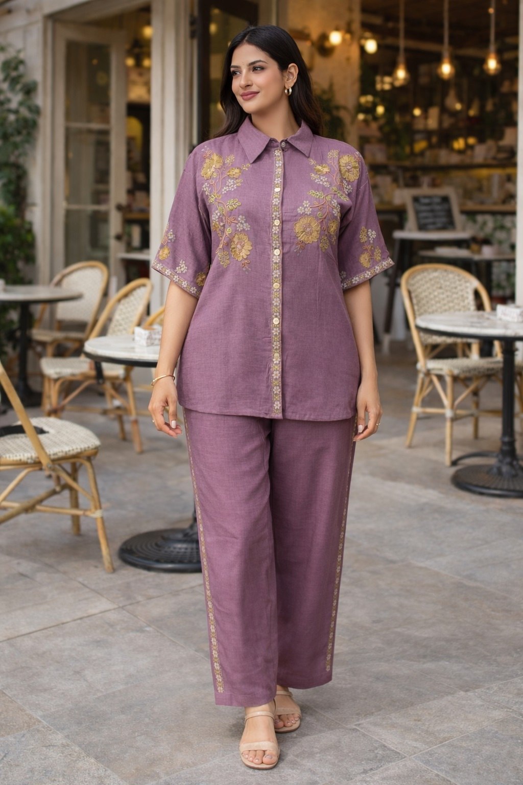 Women's Cotton Embroidered Co-Ord Set with Shirt Collar Top and Pant - Fully Stitched