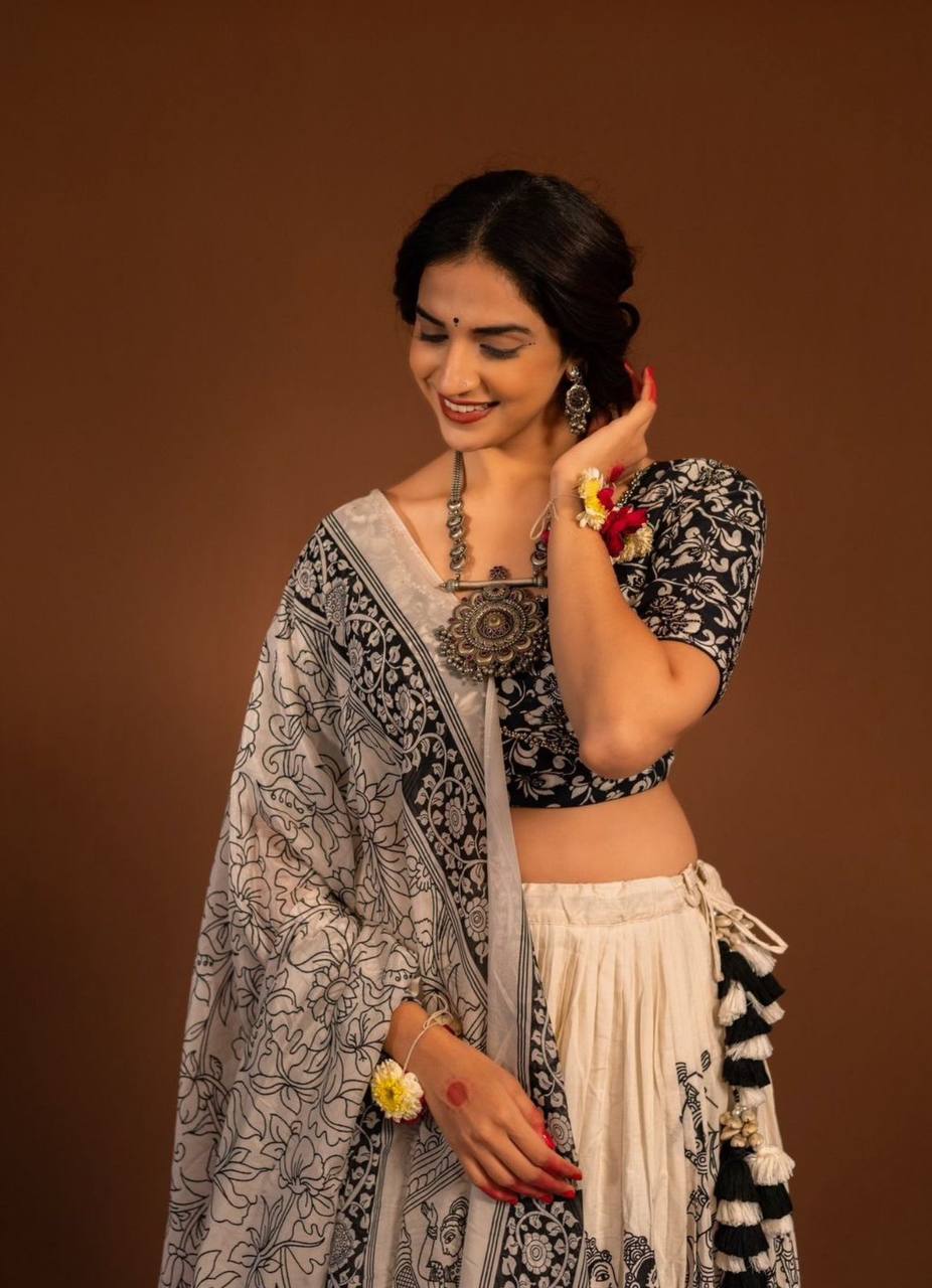 Festival Special Kalamkari Print Cotton Lehenga Choli with Dupatta - Fully Stitched