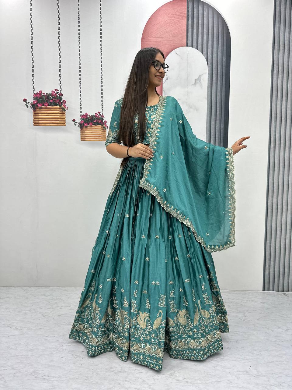 Launching New Festival Chinon Lehenga Choli with Embroidered Dupatta - Fully Stitched