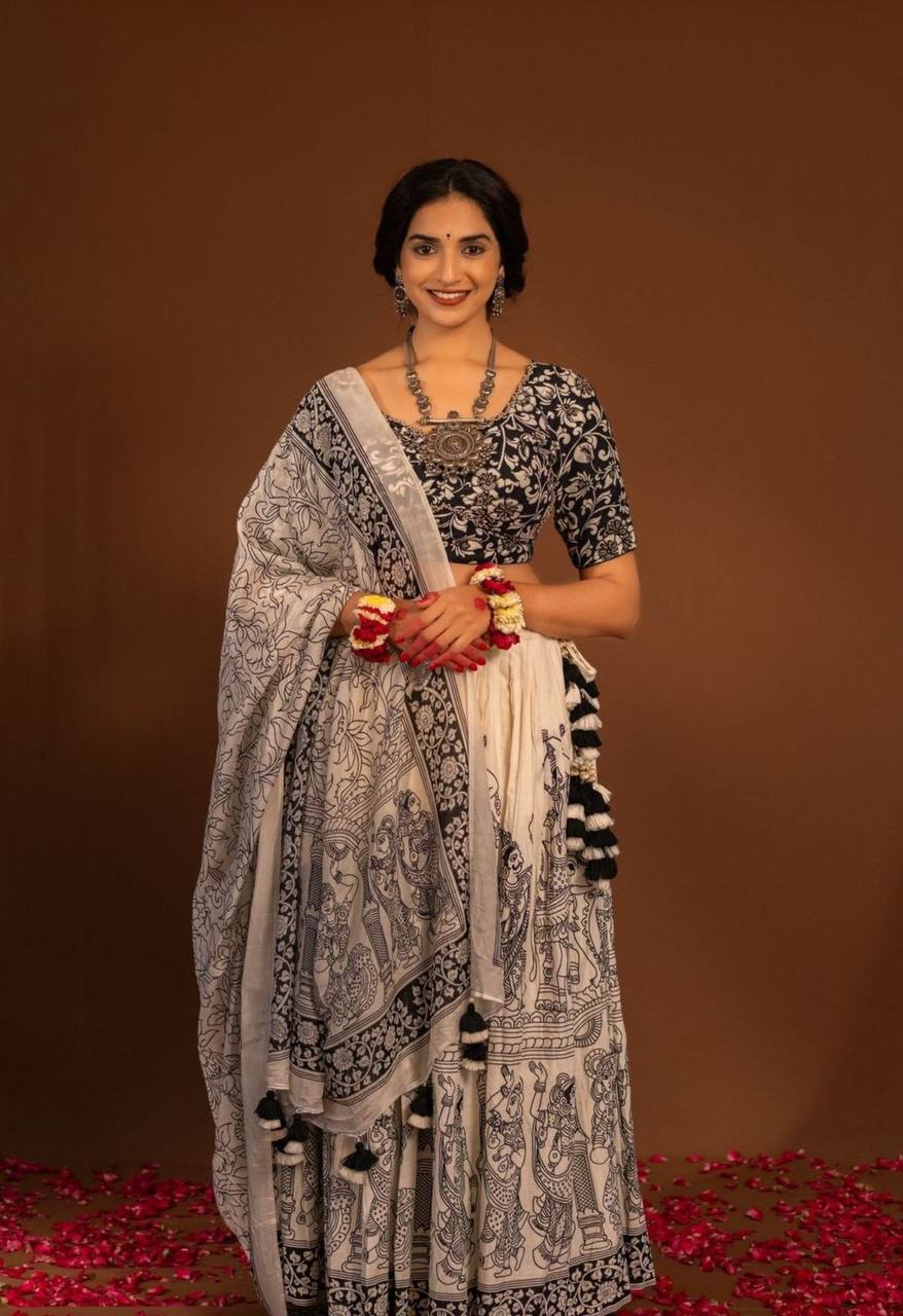 Festival Special Kalamkari Print Cotton Lehenga Choli with Dupatta - Fully Stitched