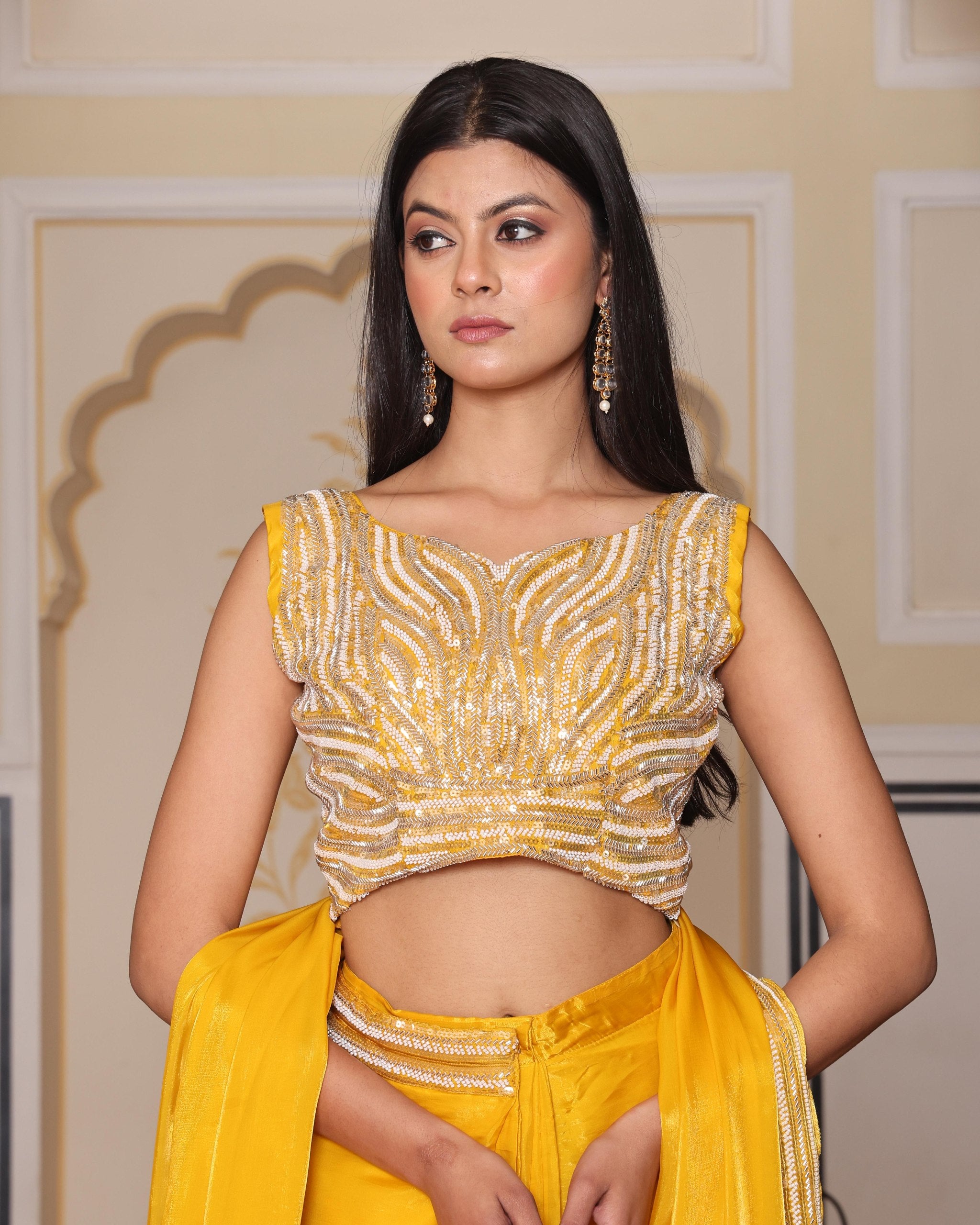 Premium Yellow Silk Indo-Western Drape Skirt Set with Heavy Hand Embroidery - Fully Stitched