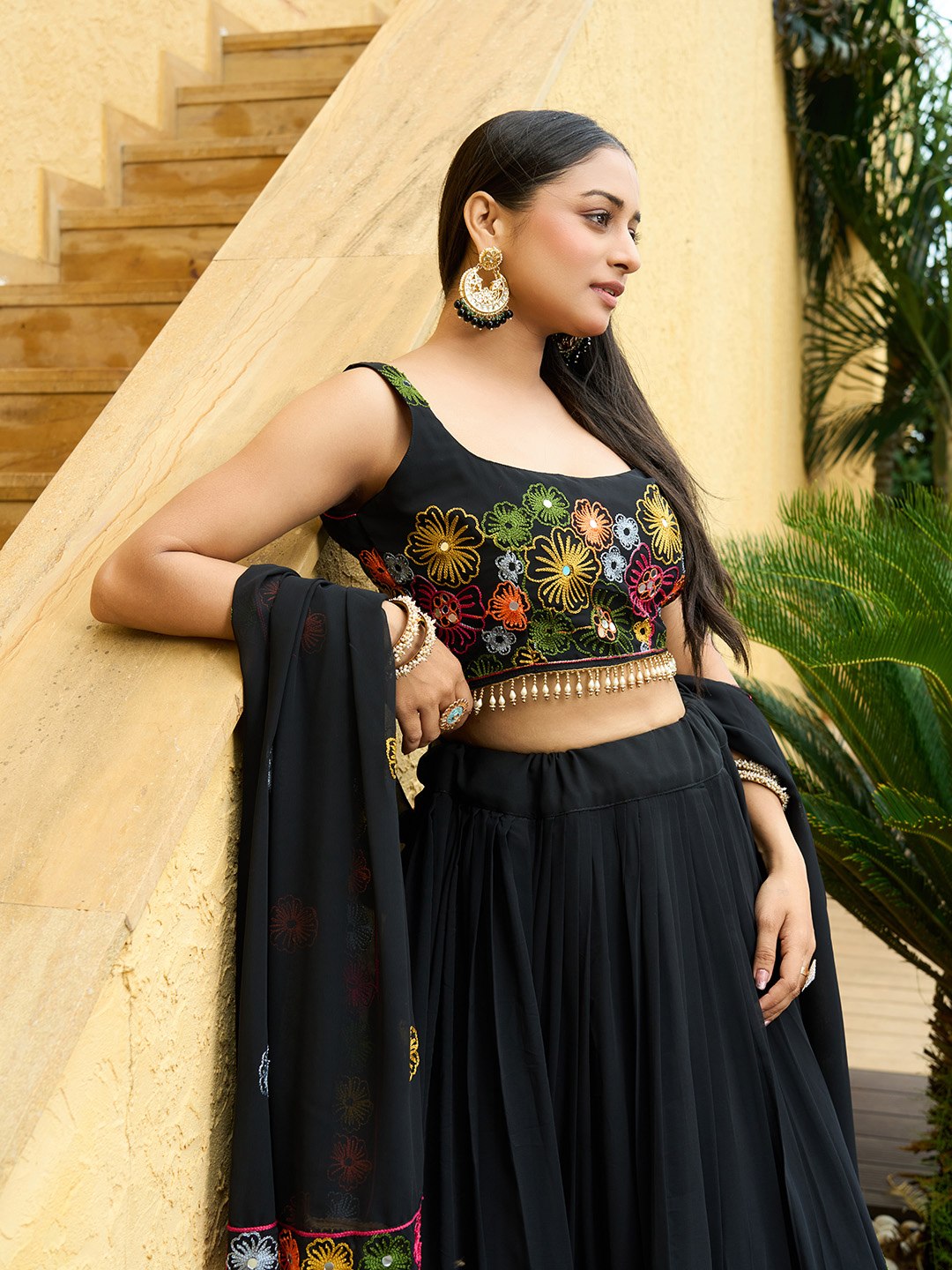 Premium Black Floral Embroidered Georgette Lehenga Choli with Designer Dupatta