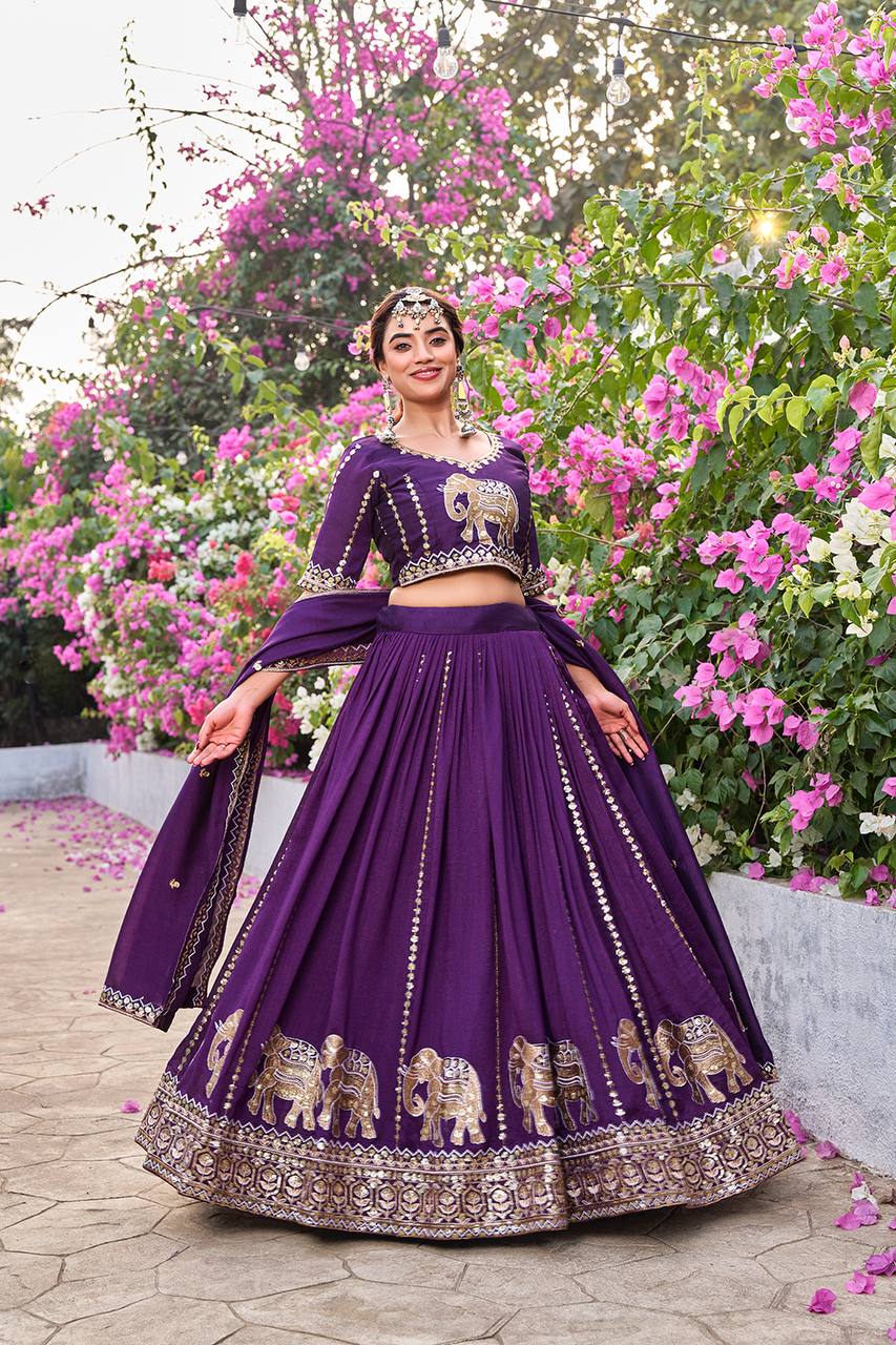 Wedding Collection Pure Vichitra Lehenga Choli with Heavy Embroidery Sequence Work - Fully Stitched
