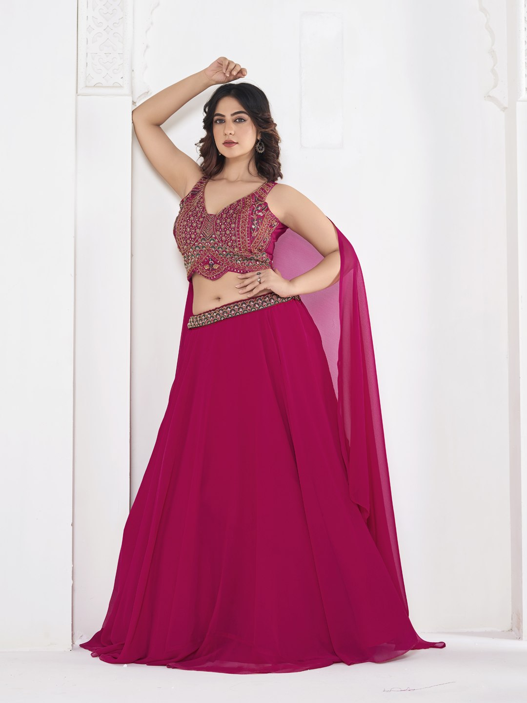 Premium Rani Pink Georgette Lehenga Choli with Embroidered Beads Work and Cape Dupatta