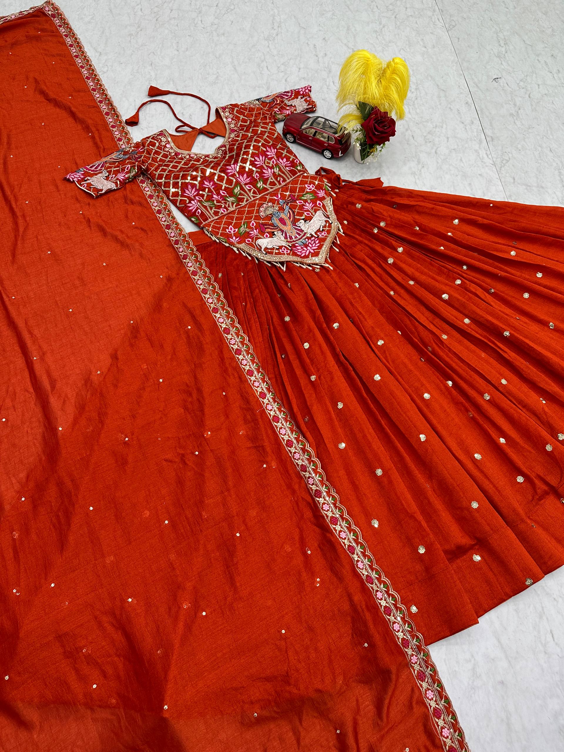 Launching Wedding Wear Vichitra Silk Lehenga Choli with Embroidered Dupatta - Fully Stitched