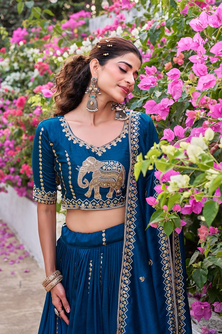 Wedding Collection Pure Vichitra Lehenga Choli with Heavy Embroidery Sequence Work - Fully Stitched