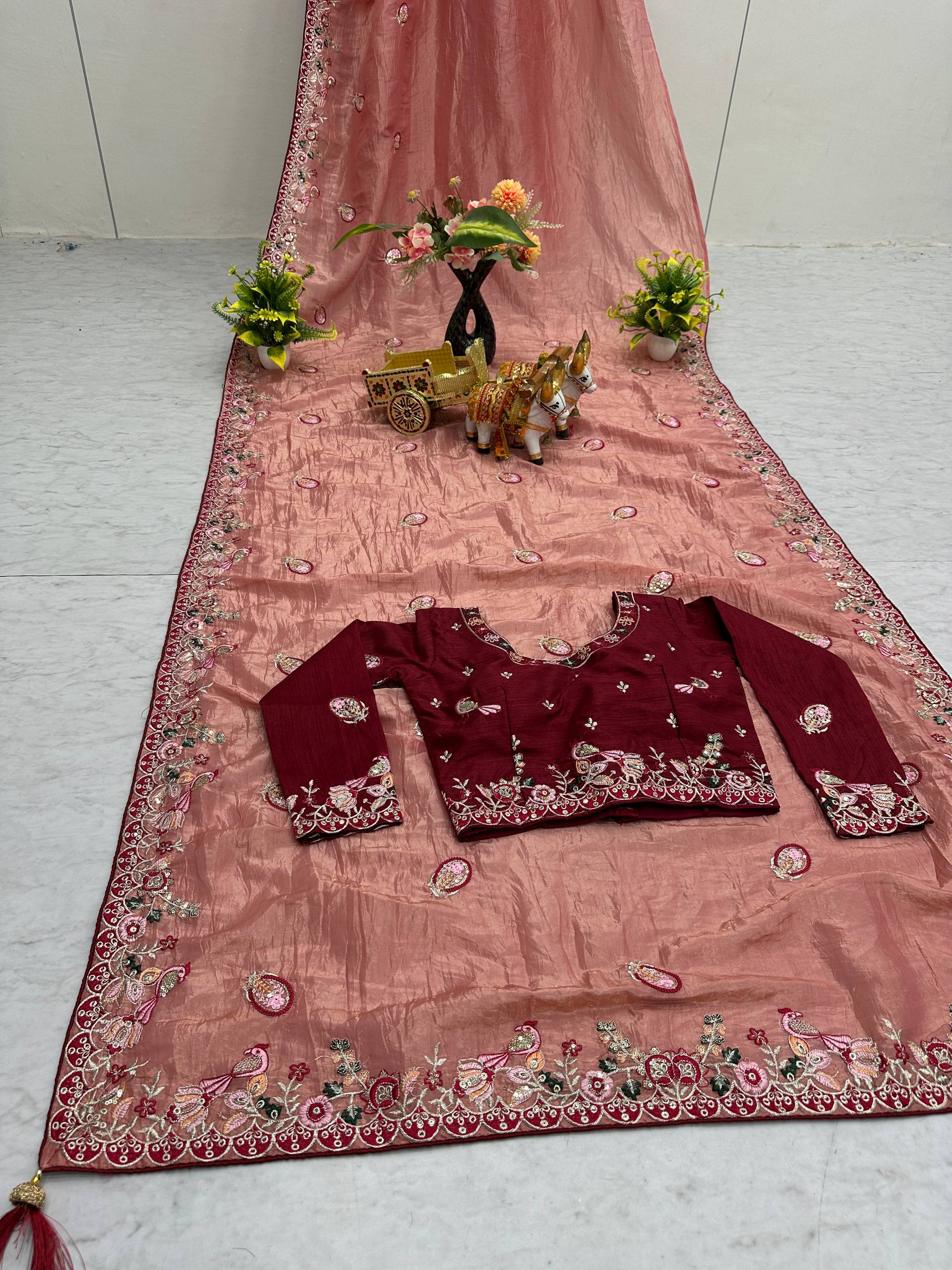 Festival Wedding Saree in Pure HO Silk with Heavy Thread and Sequence Embroidery Work - Ready-Made Patli