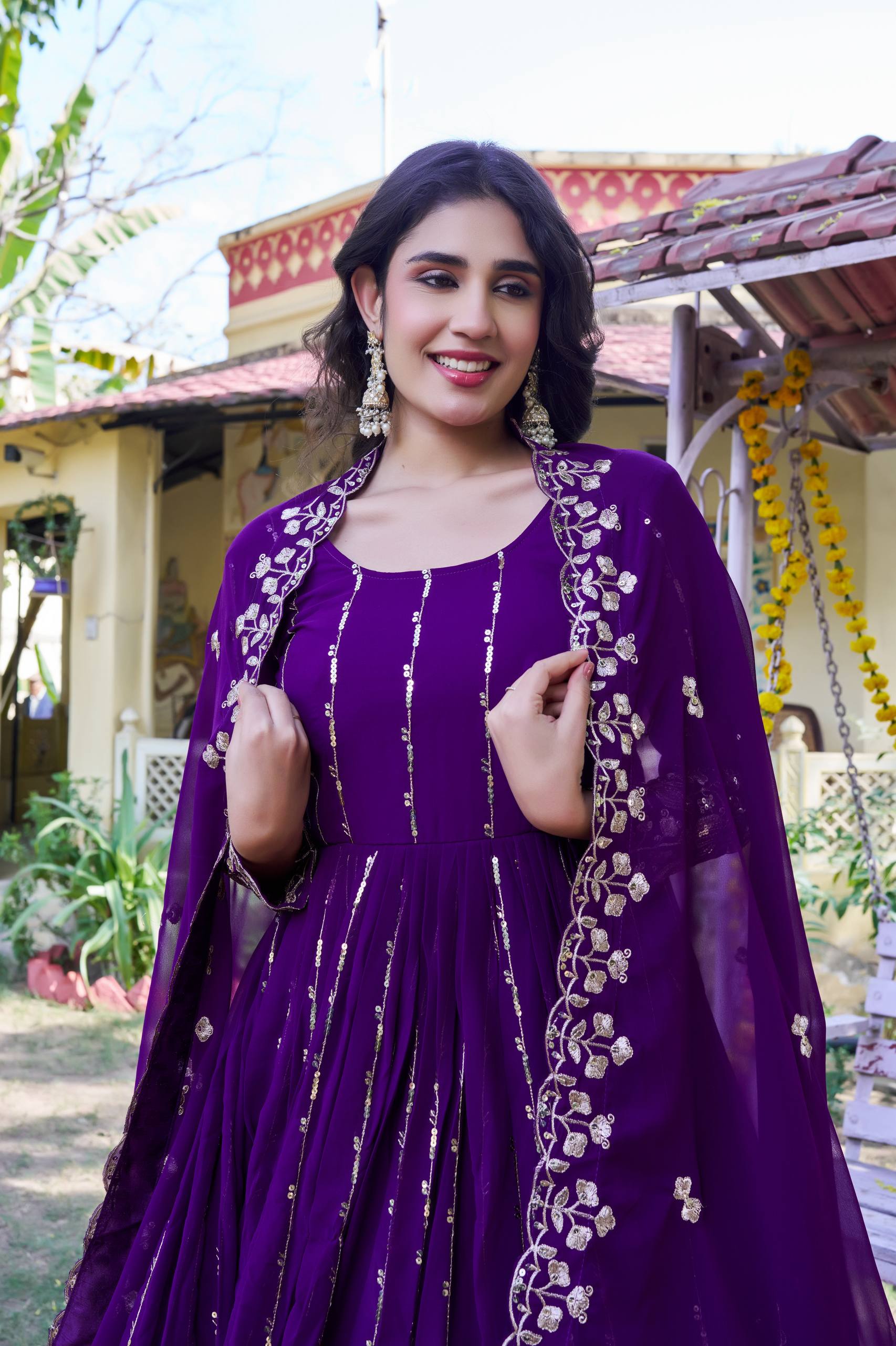Festival Collection Fox Georgette Long Gown with Heavy 5MM Sequence Embroidery Dupatta - Fully Stitched