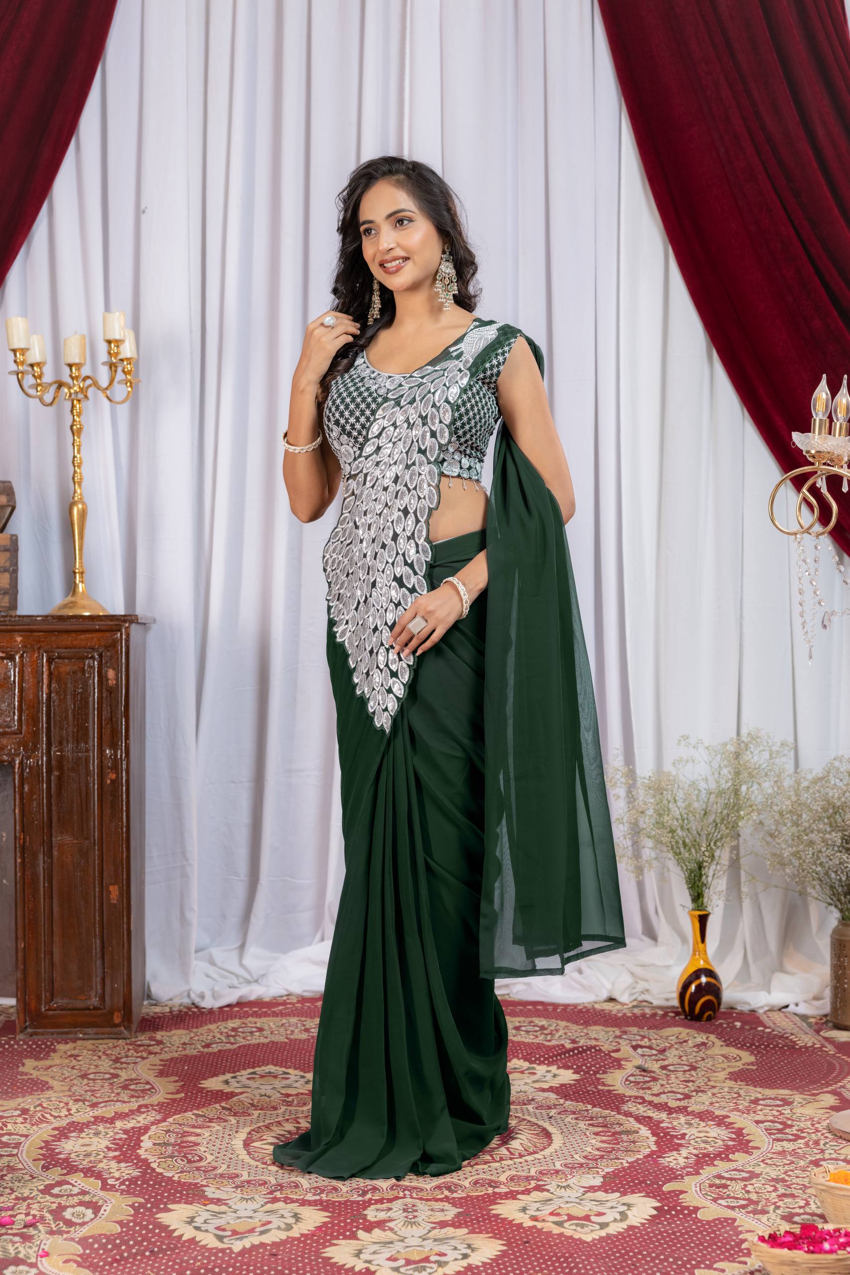 Superhit Trending Faux Georgette Ready to Wear Saree with Fully Embroidered Stylish Blouse - Fully Stitched